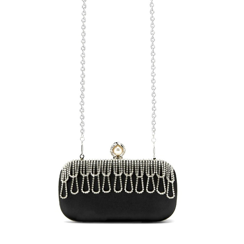 Black Clutch with Pearl Clasp, Optional Full Chainlink Strap, Rhinestone Draping